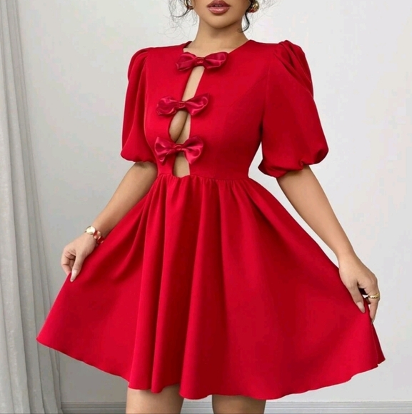 Elegant Round Neck Puff Sleeve Bow Tie Hollow Out Midi Peplum Dress - Picture 2 of 4